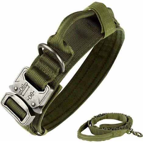 Verstellbares taktisches Nylon-Hundehalsband mit Griff und elastischer Leine, robuste Metallschnalle, ideal für große Hunderassen – Armeegrün – KZQ