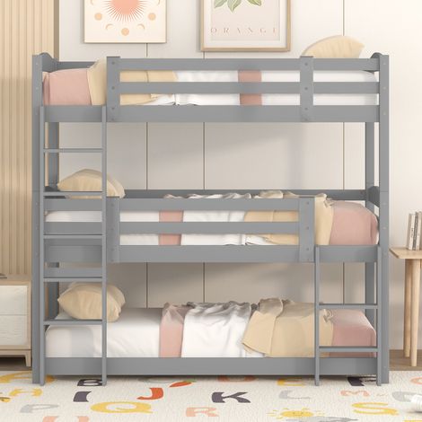 Litera triple infantil de madera con 3 camas 90x200 cm, barandillas altas y 2 escaleras, se convierte en cama baja y plataforma, color gris, para colchón de 10 cm – CHICFURN (1/5)