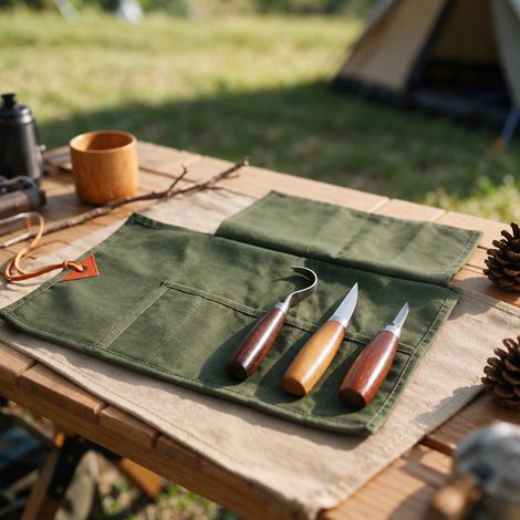Kit couteaux de sculpture sur bois avec étui à rouler en toile cirée 3 pièces style rétro portable camping 200 g – Livraison gratuite (1/5)