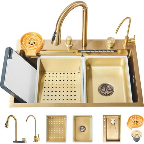Évier de Cuisine Cascade doré brossé, Evier multifonction de Cuisine en Acier Inox Évier 1 bac Évier Simple Avec Robinet Extractible 3 Modes, 68x45CM (1/5)