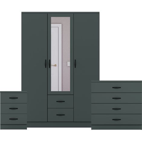 Riano 3 Piece Bedroom Set (3 Drw Bedside Chest, 4 Drw Chest, 3 Dr 2 Drw Mirrored Wardrobe), Green (1/3)