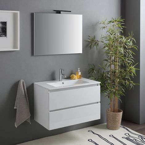 Mobiliario De Baño Colgado Blanco Brillante 80Cm 2 Cajones  Benaco (1/5)