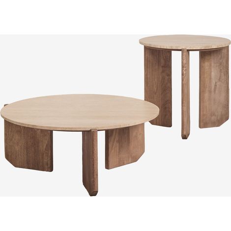 SKLUM Set aus 2 runden Couchtischen aus Naturstein und Mangoholz Lavinia Rustikales Mangoholz Travertin (1/5)