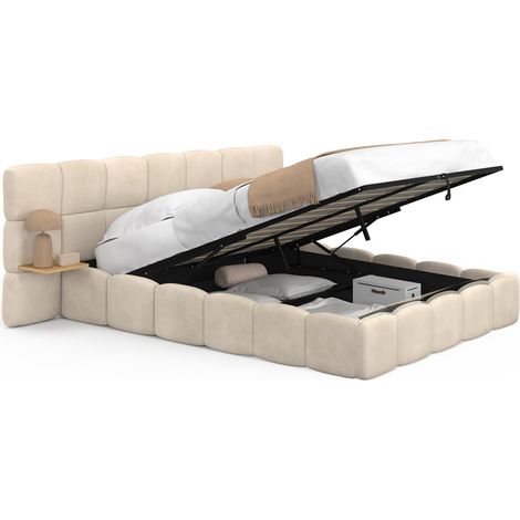 Lit coffre double NUAGE avec tête de lit matelassée + tables de chevet intégrées et sommier 140 x 190 cm velours beige