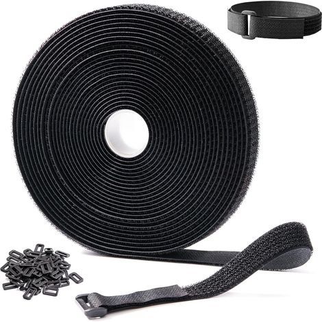 Attaches de câble réutilisables 10 m x 2 cm, sangles auto-agrippantes réglables avec 50 boucles, à couper à la longueur souhaitée, idéales pour la gestion des câbles (1/5)