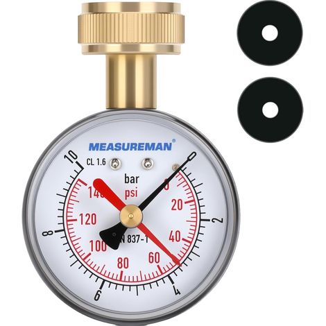 Manomètre de test pression d’eau, filetage femelle 3/4" BSP pour tuyau, 0-10 bar avec aiguille témoin rouge. -