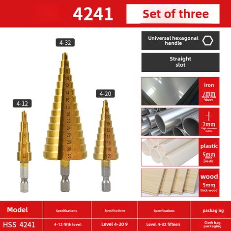 Alésoir à spirale universel Pagoda pour perçage de plaques en acier inoxydable, fer et aluminium (foret Pagoda à rainure droite, sac en tissu 3 pièces) (1/5)
