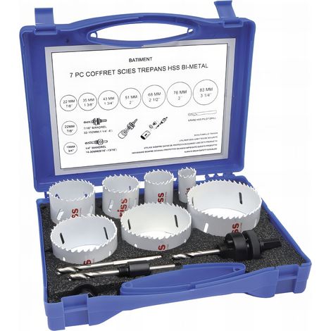 Coffret bâtiment 7 scies trépan 22/35/43/51/68/76/83 mm + Arbre de montage 14 à 30 mm mm