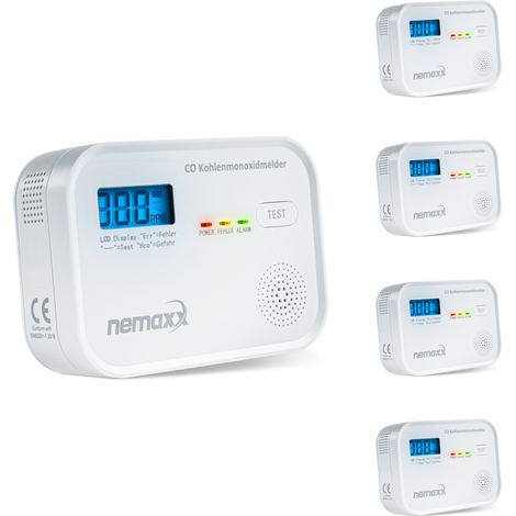 NEMAXX® CM18 Kohlenmonoxid-Melder / CO-Warnmelder mit LCD-Display – 85 dB, elektrochemischer Sensor, EN 50291-1:2018, Testtaste, 3x AA LR6-Batterien, 10 Jahre Produktlebensdauer – 5er Set