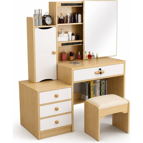 TrAdE Shop Traesio - Toeletta Tavolo Trucco In Legno Mdf Con Specchio Scorrevole Sgabello Armadietto Cassetti - (1/4)