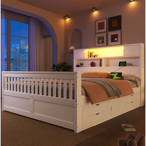 Bettgestell MDF & Sperrholz Weiß 160x200 cm mit LED-Kopfteil, Stauraumregalen, 4 Schubladen und Lattenrost (1/5)