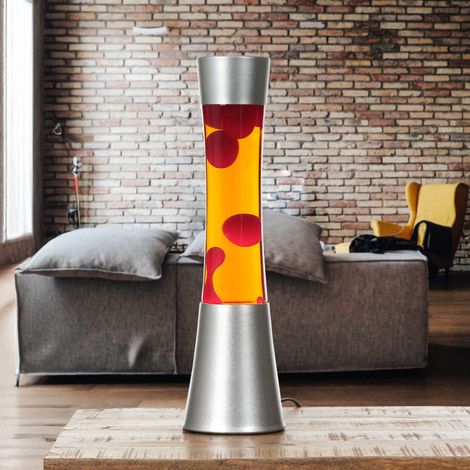 Lampe à lave au design rétro gris métallisé avec liquide orange et cire rouge H:39 cm G9 - Rouge, orange, argent