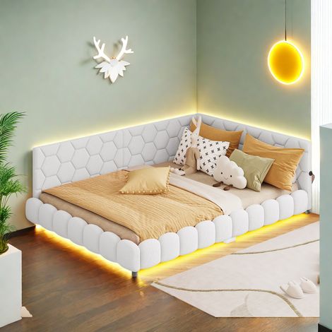 Polsterbett 140x200 cm, Einzelbett mit LED Beleuchtung und USB Anschluss, Kinderbett Samt Modern Weiß