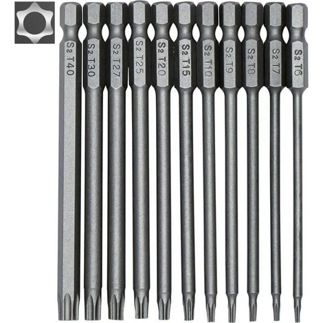 Jeu de 11 embouts longs Torx pour tournevis et visseuse électrique - Embouts magnétiques - Tige hexagonale de 1/4" - Tailles T6 à T40 - Longueur 100 mm