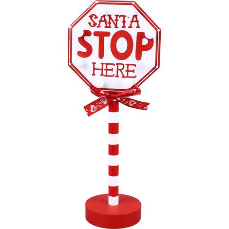 Ortviai Panneau décoratif de Noël « Stop ici » en bois massif et métal avec LED, octogonal 12 x 8 x 30,5 cm (1/5)