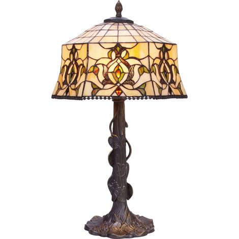 Lampe de table Tiffany avec base en feuille Série Hexa D-40cm