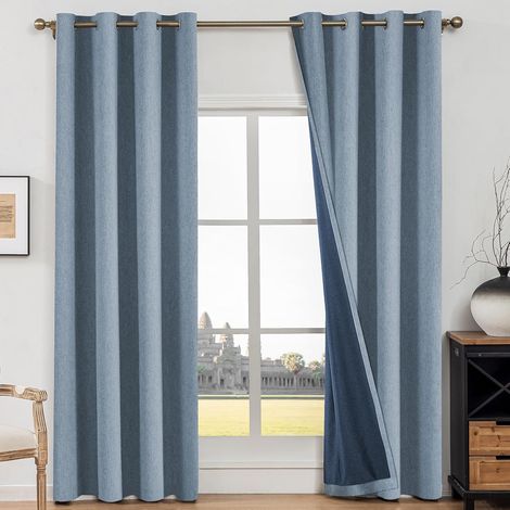 Rideau 100% Occultant, 140x240cm, Faux Lin Lot De 2, Rideau Occultant Thermiques, Phonique Anti Bruit, avec Oeillet, Anti UV, Moderne, Opaque, pour Salon Et Chambre, Bleu (1/5)