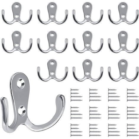 Set mit 12 Wandhaken – Silberfarbenes Metall – Vintage-Stil – Inkl. 48 Schrauben – Für Garderobe, Bad und Küche – Silber (1/5)