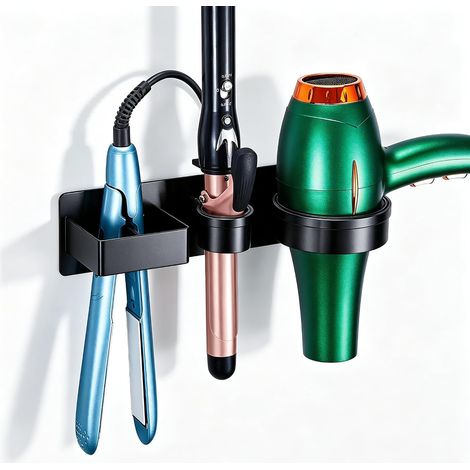 Support Seche Cheveux Mural, 3 en 1 Support pour sèche‑cheveux, lisseur, fer à boucler, Porte Seche Cheveux et Lisseur sans Percage pour Hôtel Chambre à Coucher de Salle de Bain (Noir) (1/5)