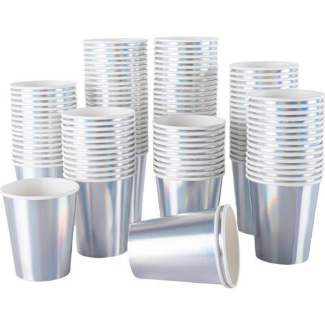 100 x 9oz Rainbow Holographic Iridescent Paper Cups - 250ml - Shiny Metallic Silver Party Cups for Hot (1/5)