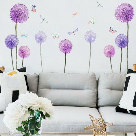 Stickers Muraux Pissenlits Violet Autocollants Mural Fleurs Papillons pour Chambre Enfants Fille Pépinière Salon Décoration Murale (1/5)