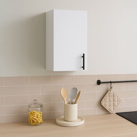 Dmora - Mueble colgante 1 puerta Thyra, Estante de pared, Armario auxiliar multifuncional, 40x34 h59 cm, Blanco (1/5)