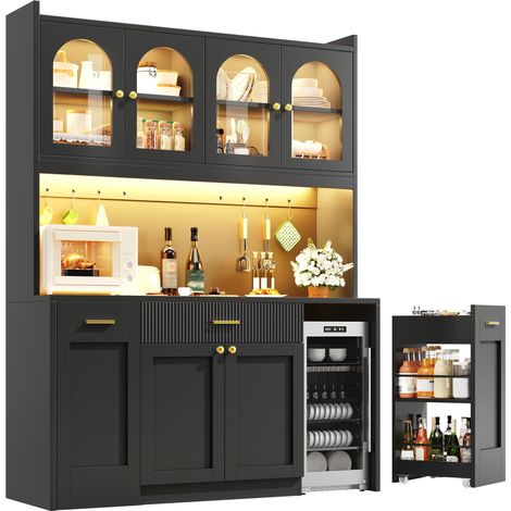 Buffet Haut de Cuisine avec 3 Vitrines, Tiroirs, LED RGB et Étagères Coulissantes en MDF Noir 120 x 40 x 187 cm (1/5)