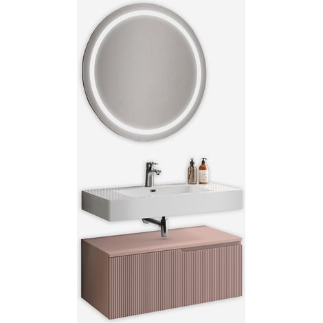 Schwebender Badezimmer-Mobil mit rundem LED-Spiegel und Waschbecken 3-teilig Venere - Pink