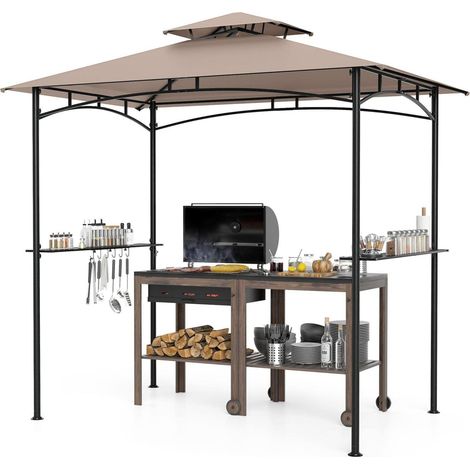 Pergola pour grillades 8 x 5 pieds avec 2 étagères, 6 crochets et cadre métallique - marron rustique (1/5)