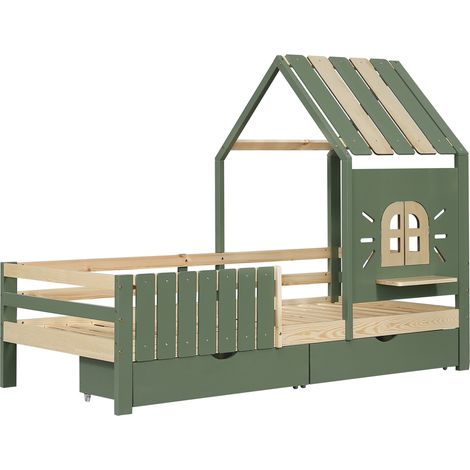 Letto casetta bimbi 90x200 cm verde e naturale con tetto, finestra, 2 cassetti, MDF e pino (1/5)