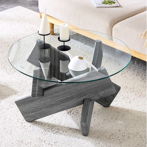 Mesa de centro redonda 79x79x45 cm gris y transparente, vidrio templado, estructura MDF MEUBLIV (1/5)
