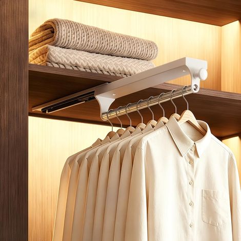 Tringle Penderie Extensible avec Poignée Ronde, Barre de Penderie Télescopique Coulissante 25 kg, Gain de Place pour Armoire Dressing Placard, Tringle Extractible 30 cm pour Vêtements, Blanc (1/5)