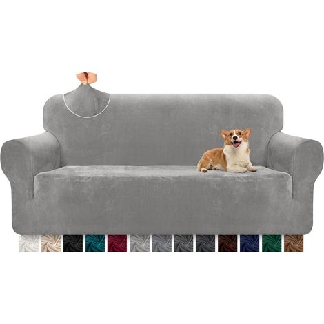 Housse de canapé 3 places en velours épais de qualité supérieure - Très extensible, gris clair (1/5)
