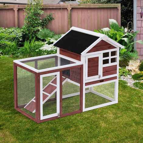 PawHut Clapier cage à lapins multi-équipé : niche supérieure avec rampe. plateau excrément. fenêtre + enclos  extérieur sécurisé 2 portes 123.5L x 62.6l x 92.5H cm rouge brique