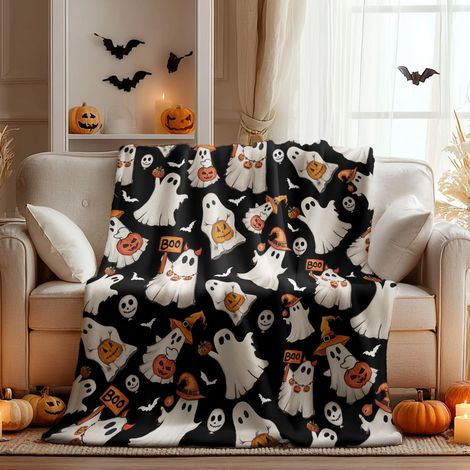 Couverture en flanelle d'Halloween - Motif citrouille, lanterne et crâne, jeté en polaire douce et moelleuse, confortable pour le canapé, le fauteuil et le lit, idéale pour les enfants, les adultes et (1/5)