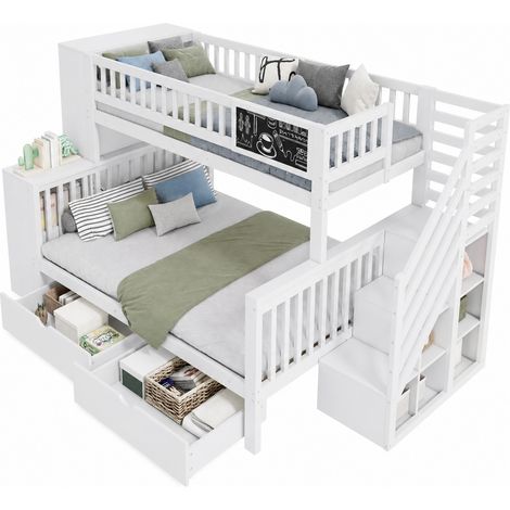 Lit superposé cabane enfant 140x200 avec tableau, escalier de rangement, tiroirs et barrières de sécurité, en bois blanc, pour chambre partagée – CHICFURN (1/5)