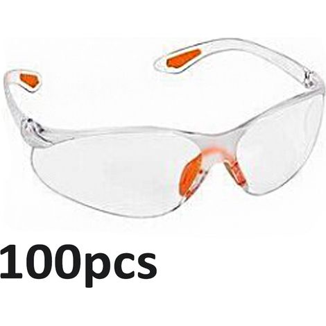 Lot de 100 Lunettes de Sécurité Transparentes - Lunettes de Protection avec Verres en Plastique, Pont-de-Nez et Embouts de Branches en Caoutchouc pour Plus de Confort - Lunette Transparente PPE