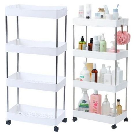 Scaffale mobile a 4 ripiani, bianco, con ruote