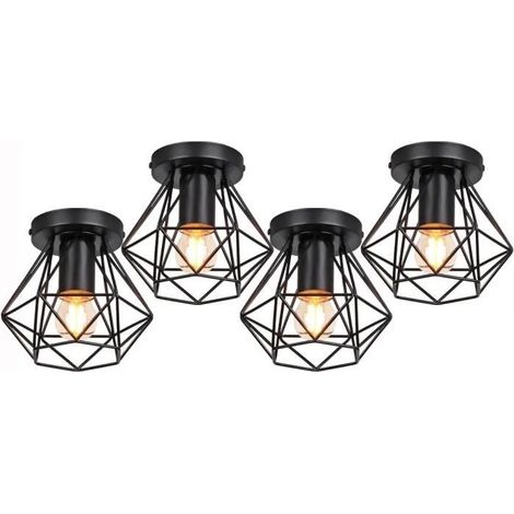 U-Do 4x Rétro Lampe de Plafonde Luminaire Industriel E27 Plafonnier Cage en Fer Noir (1/4)