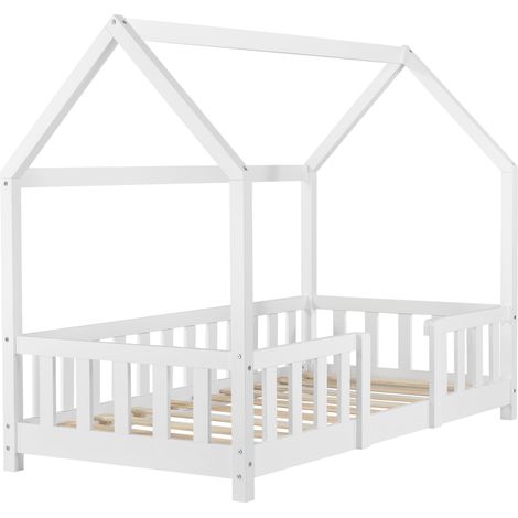 Letto per bambini cabina House con barriera e rete a doghe in legno di pino bianco 80 x 160 cm 030005488