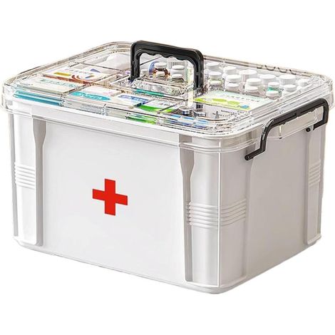 Boîte de rangement pour médicaments, boîte de rangement pour médicaments ménagers, boîte de premiers secours à double couche, portable à plusieurs grilles avec couvercle pour la maison(33.82419cm) (1/5)