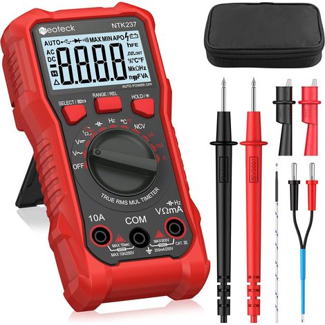 Multimètre Numérique 2000 Comptages Testeur Électrique AC DC Courant Tension Résistance Capacité NCV Fréquence Température avec Pince Crocodile (Rouge, 2000 Counts / 600V 10A) (1/5)