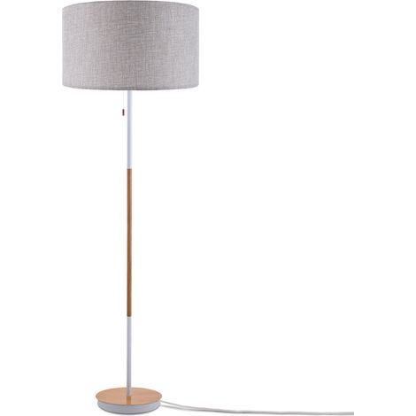 Paco Home Stehlampe Wohnzimmer Standleuchte Skandi Stoffschirm Textilkabel Zugschalter E27  Grau (Ø45.5 cm),  Stehleuchte Weiß/Holz + Leuchtmittel
