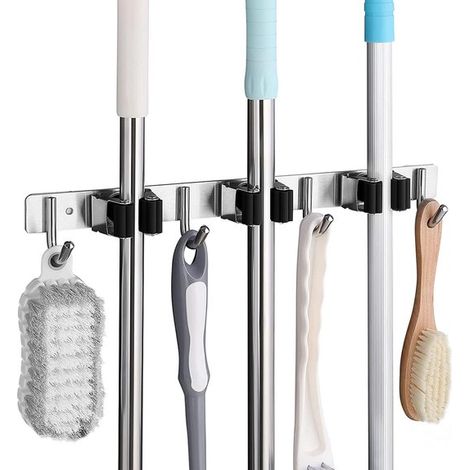 Besenhalter aus Edelstahl für die Wand, Wandhalterung mit 3 Schlitzen und 4 Haken für Küche, Bad, Garage und Garten, schwarz (1/5)