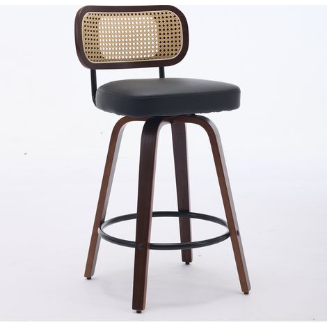Lot de 2 tabourets de bar hauteur comptoir en bois de noyer avec dossier en rotin ventilé et siège rembourré, pivotants, coloris noyer noir (1/5)