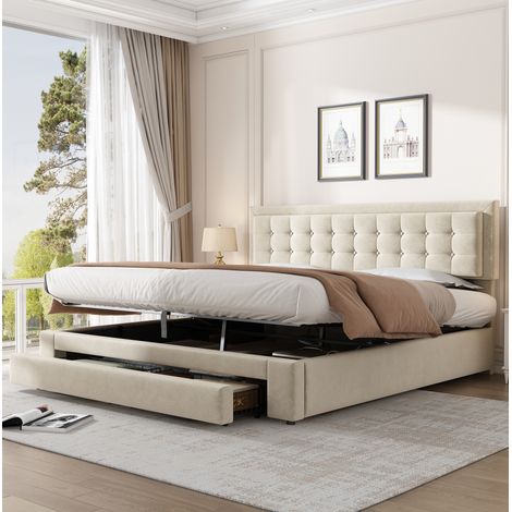 Cama 180/200 cm de terciopelo beige con almacenaje, cabecero regulable y diseño elegante (1/5)