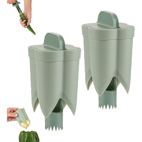 Descorazonador y cortador de chiles de 2 piezas - Descorazonador de pimientos 2 en 1 - Apto para chiles, frutas y verduras - Verde - 11,3 × 5,6 × 5,6 cm (1/5)
