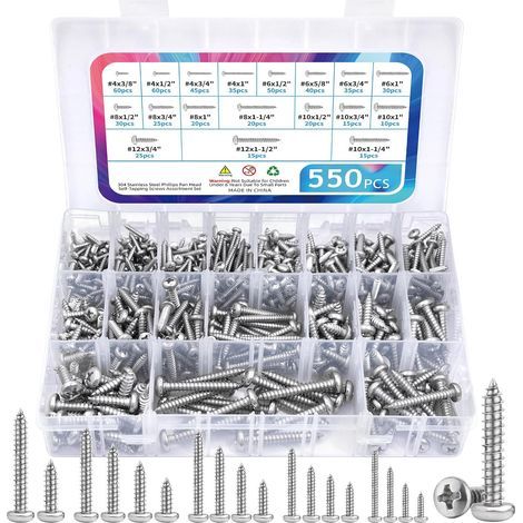 550Pcs 304 Kit d'assortiment de vis en bois en acier inoxydable, Phillips Pan Head Plate Metal Screw Self Tapping Screws Set, Vides assorties en bois, Longueur 1/4" à 1-1/2", Pan Head (1/5)