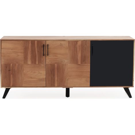 Buffet 3 portes noir, en bois d'acacia massif recyclé avec pieds en métal noir (1/5)