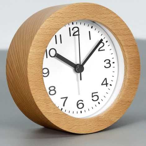 Réveil en bois rond de 3 pouces, chiffres arabes, pas de TIC - tac, rétroéclairage, batterie, naturel